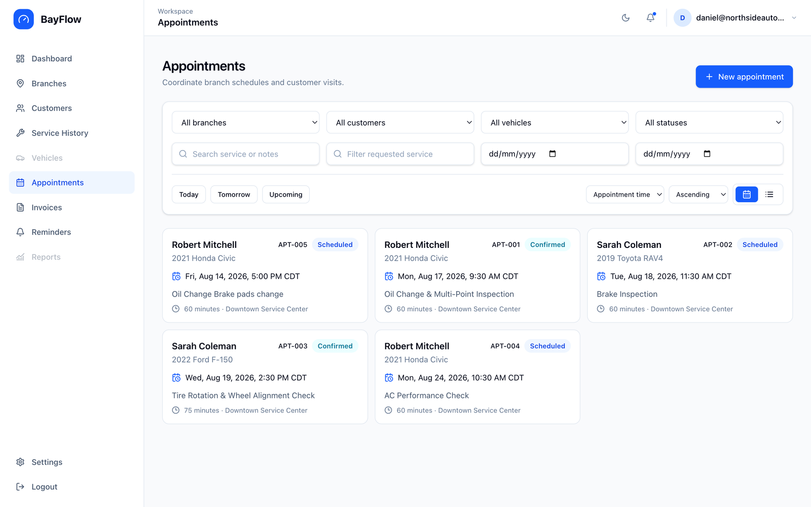 BayFlow appointments screen showing scheduled customer visits and booking filters