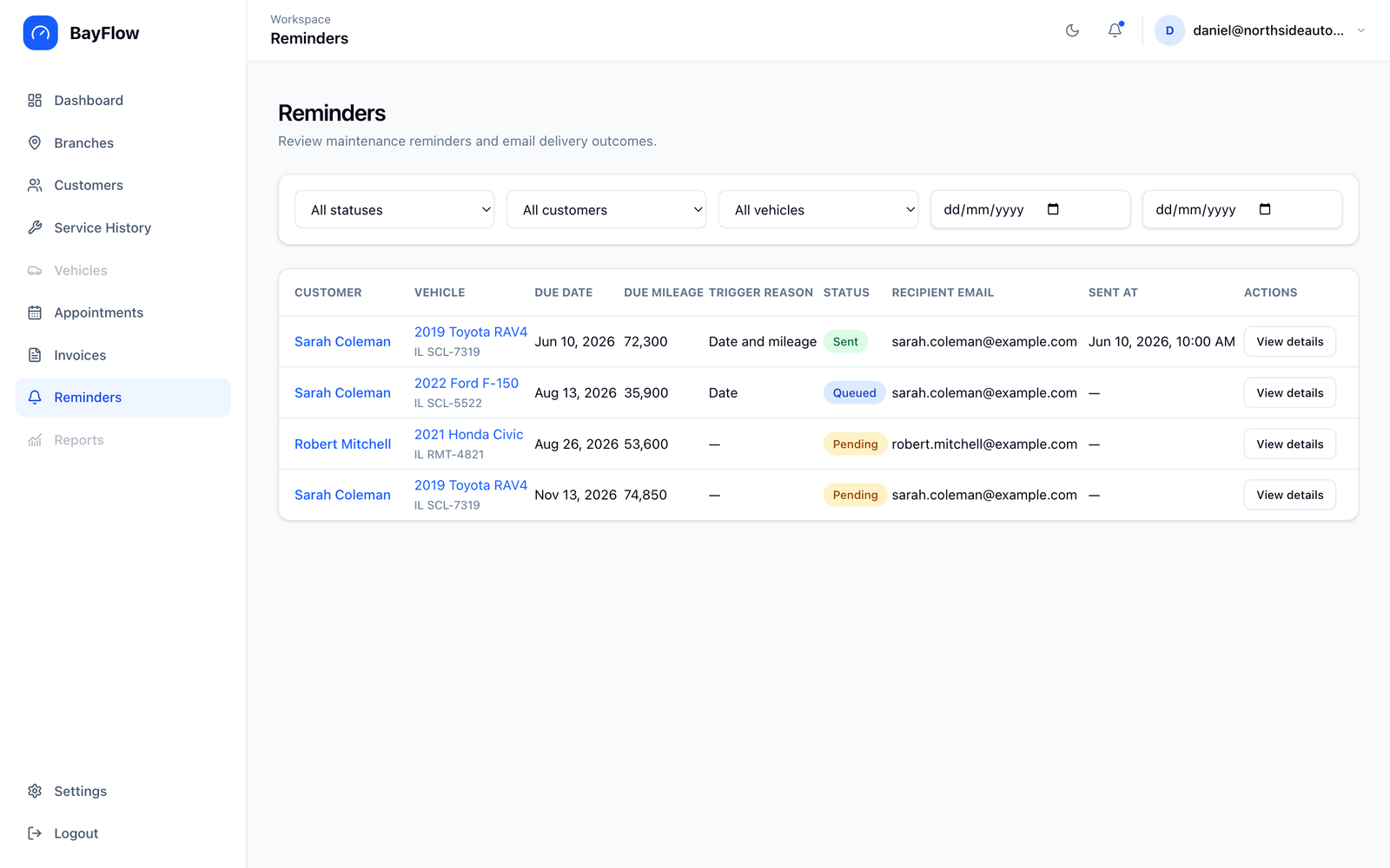 BayFlow reminders screen showing customer vehicles with upcoming service due