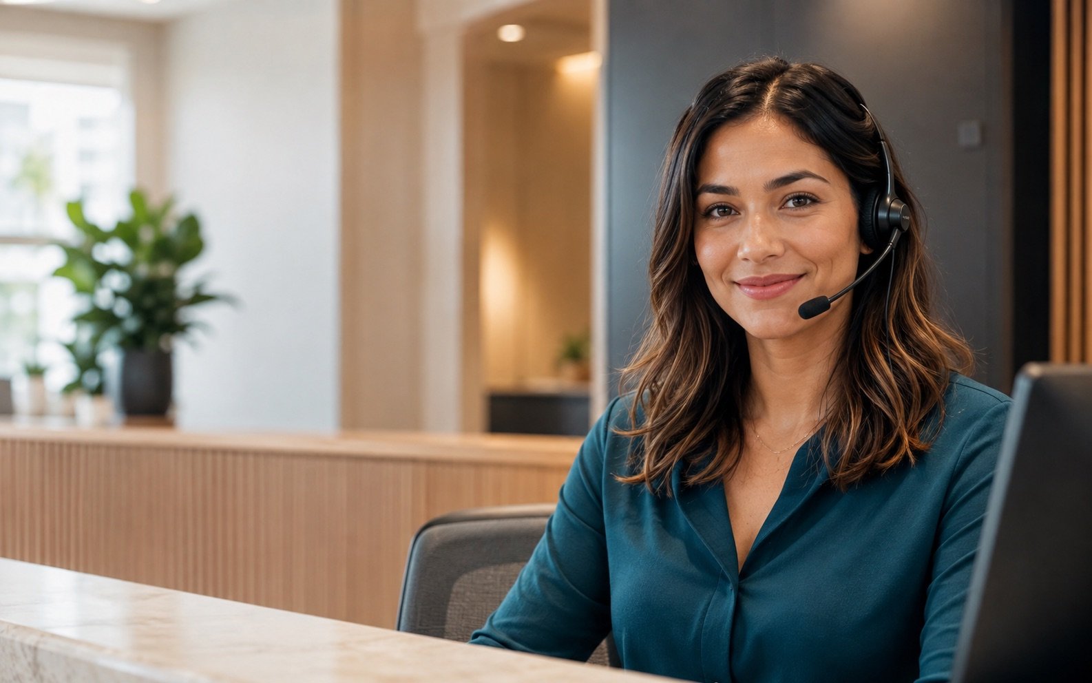 Professional receptionist wearing a headset in a warm, contemporary office